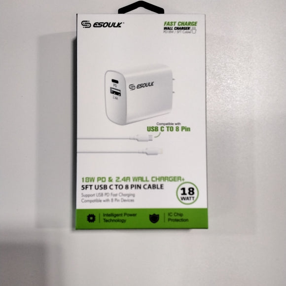 18W PD & 2.4A WALL CHARGER USB C TO 8PIN